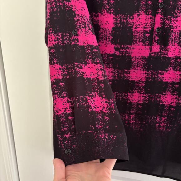 Catherines pink black tunic blouse top 2X v-neck popover collar roll tab sleeve - Picture 5 of 9